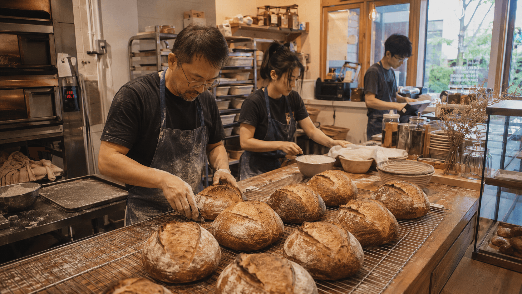 Pre-dawn bakery: hands shaping sourdough on a flour-dusted bench