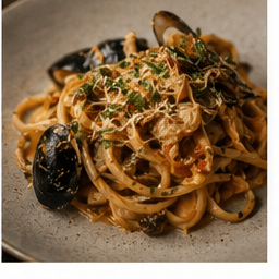 Squid ink linguine, mussels