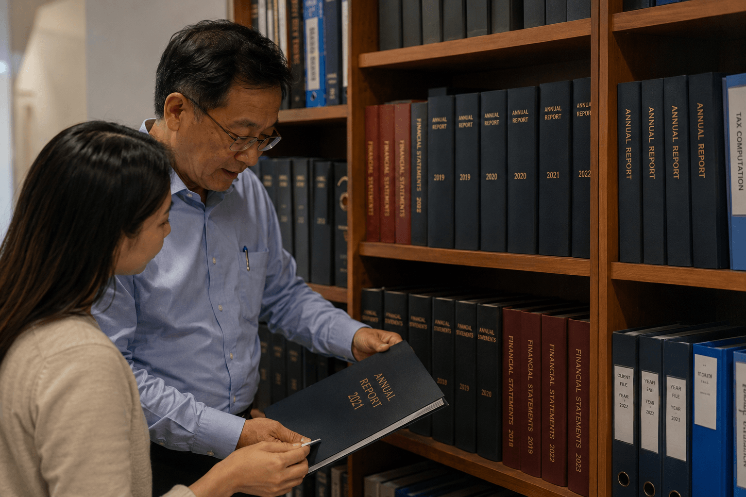 Reviewing the annual reports archive with a senior associate