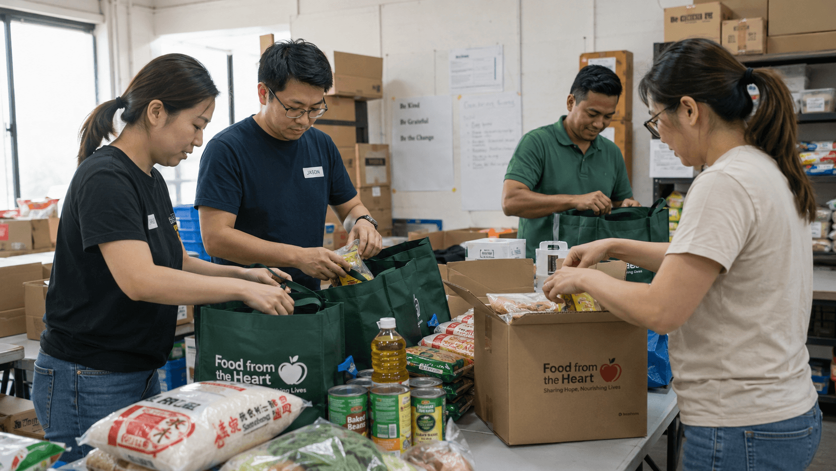 Volunteers packing groceries