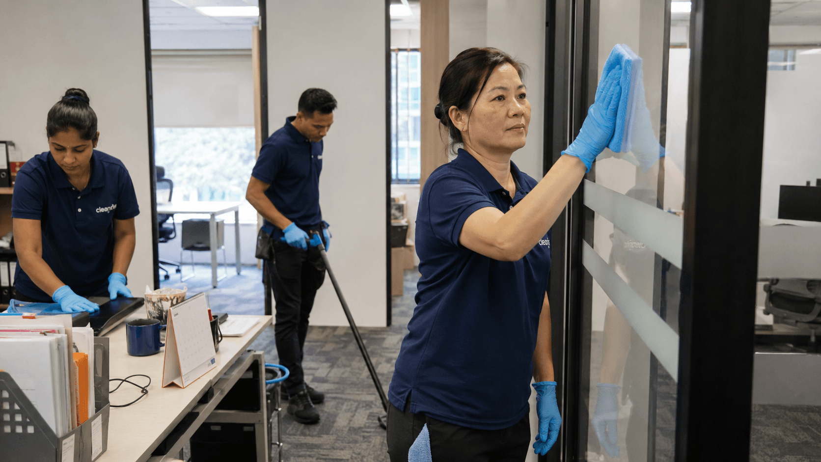 Bright Crew cleaner mid-wipe of glass office partition