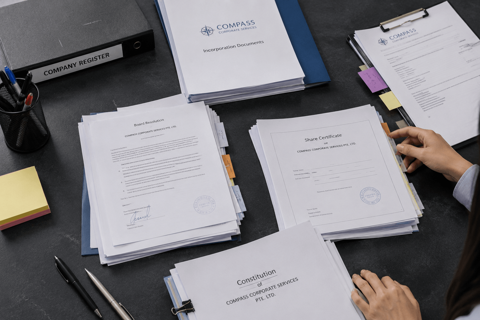 Compass Corporate Services. Incorporation paperwork on the desk.