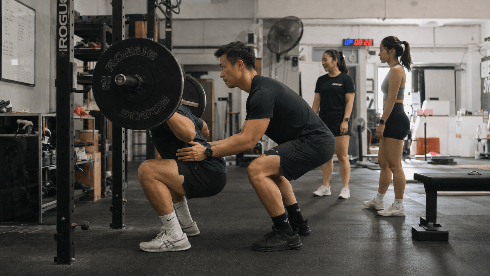 Coach spotting client on back squat