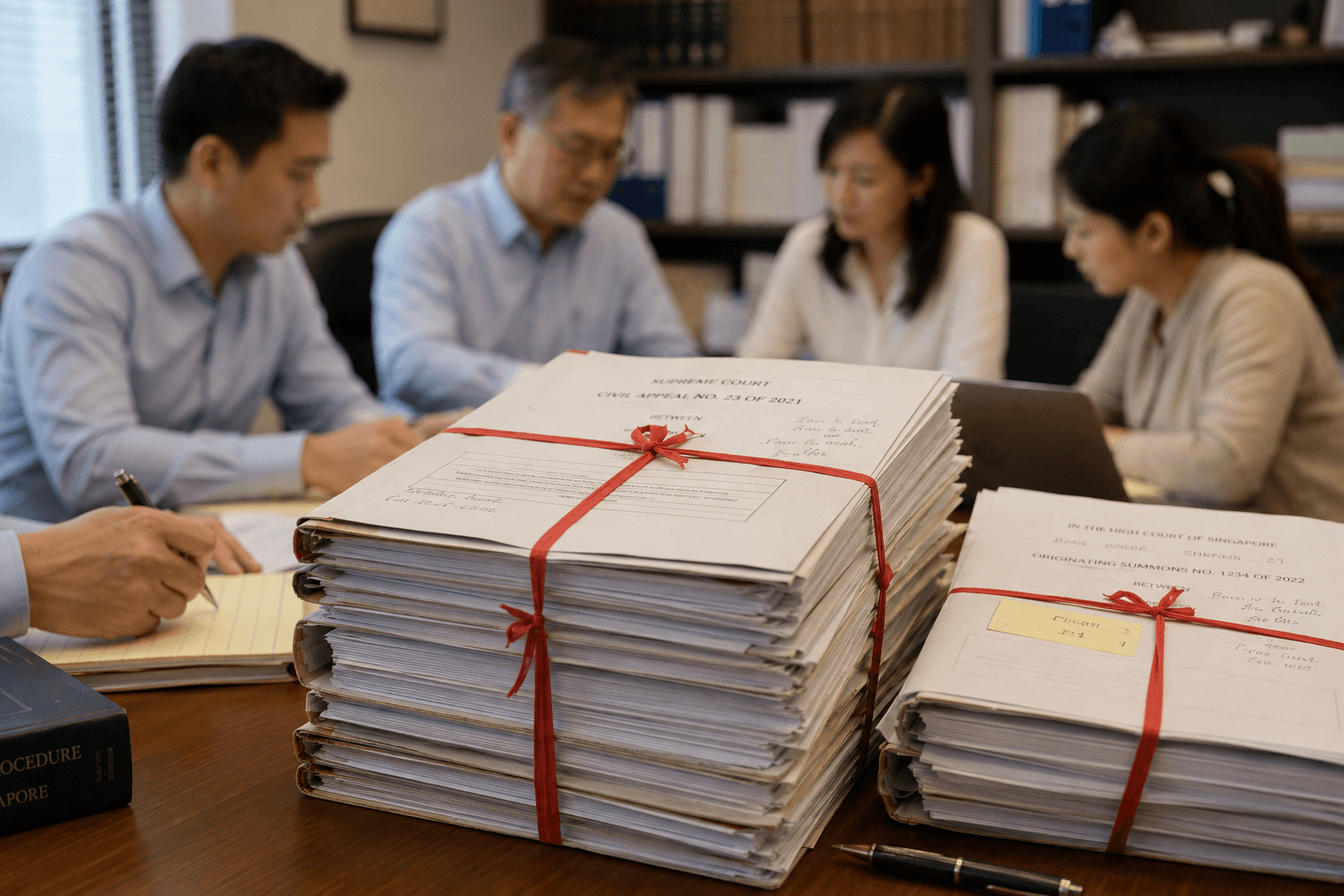 Bound legal documents tied with red ribbon