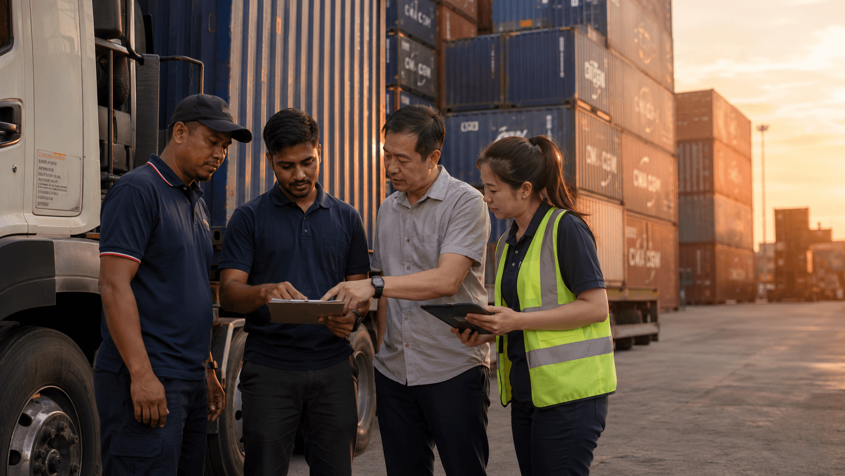 Anchor Logistics team at the Tuas container yard, golden hour