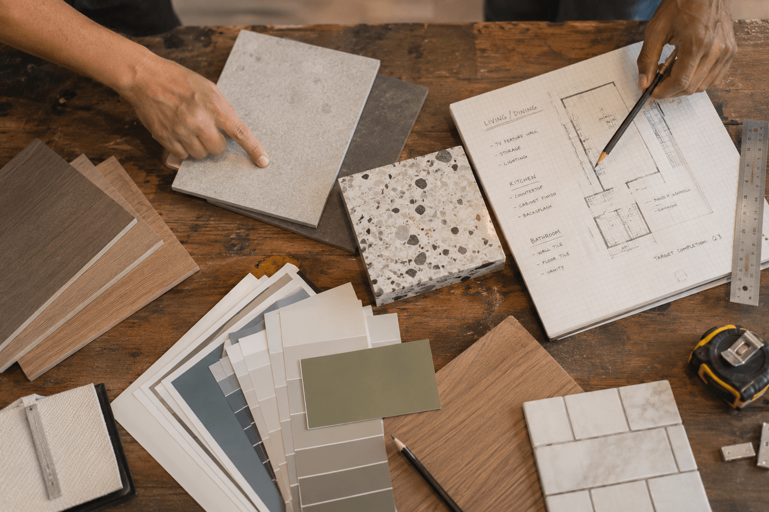 Material flatlay: tiles, paint swatches, ruler, floor plan
