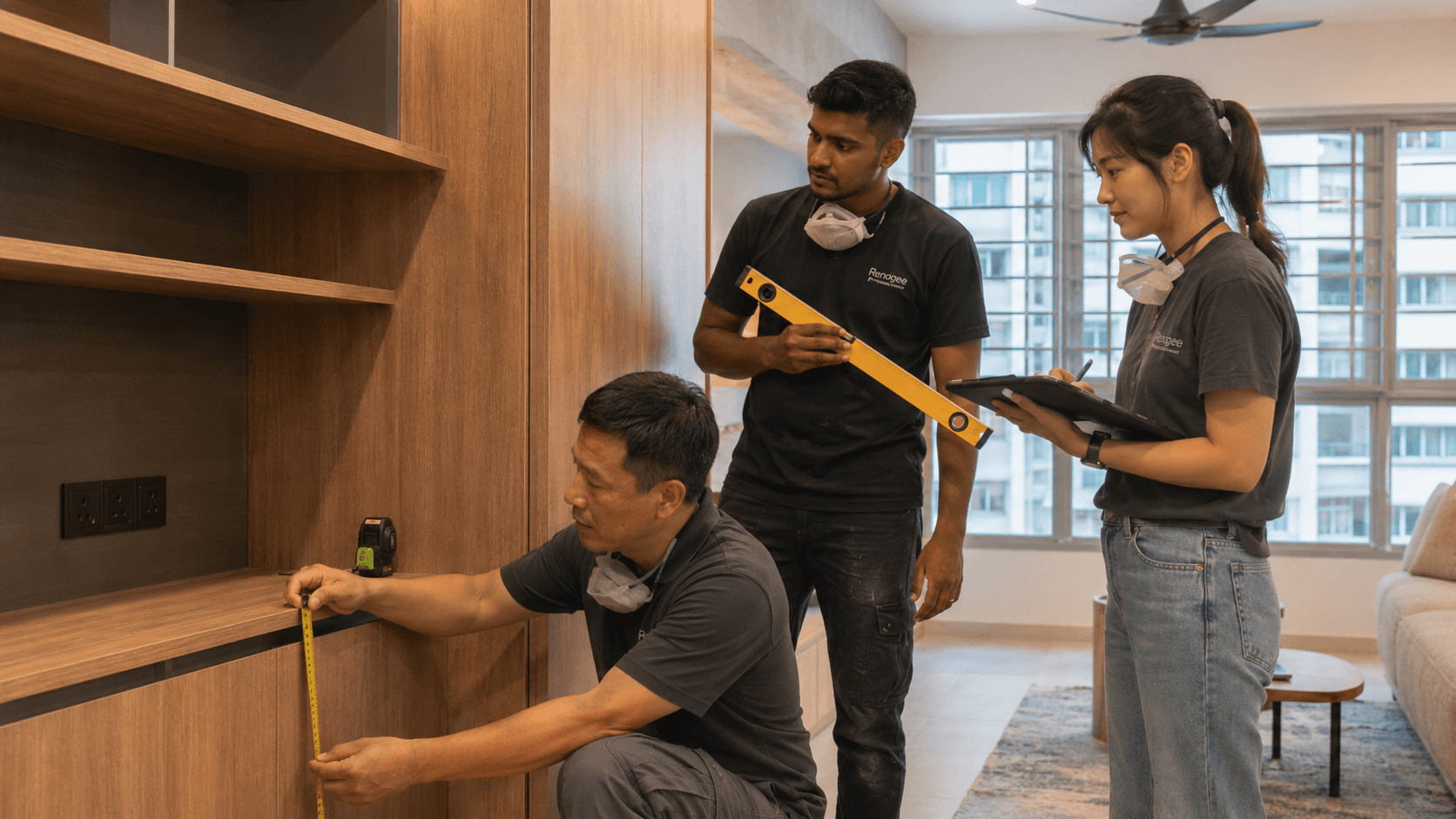 Carpenter measuring built-in carpentry with a tape measure on site