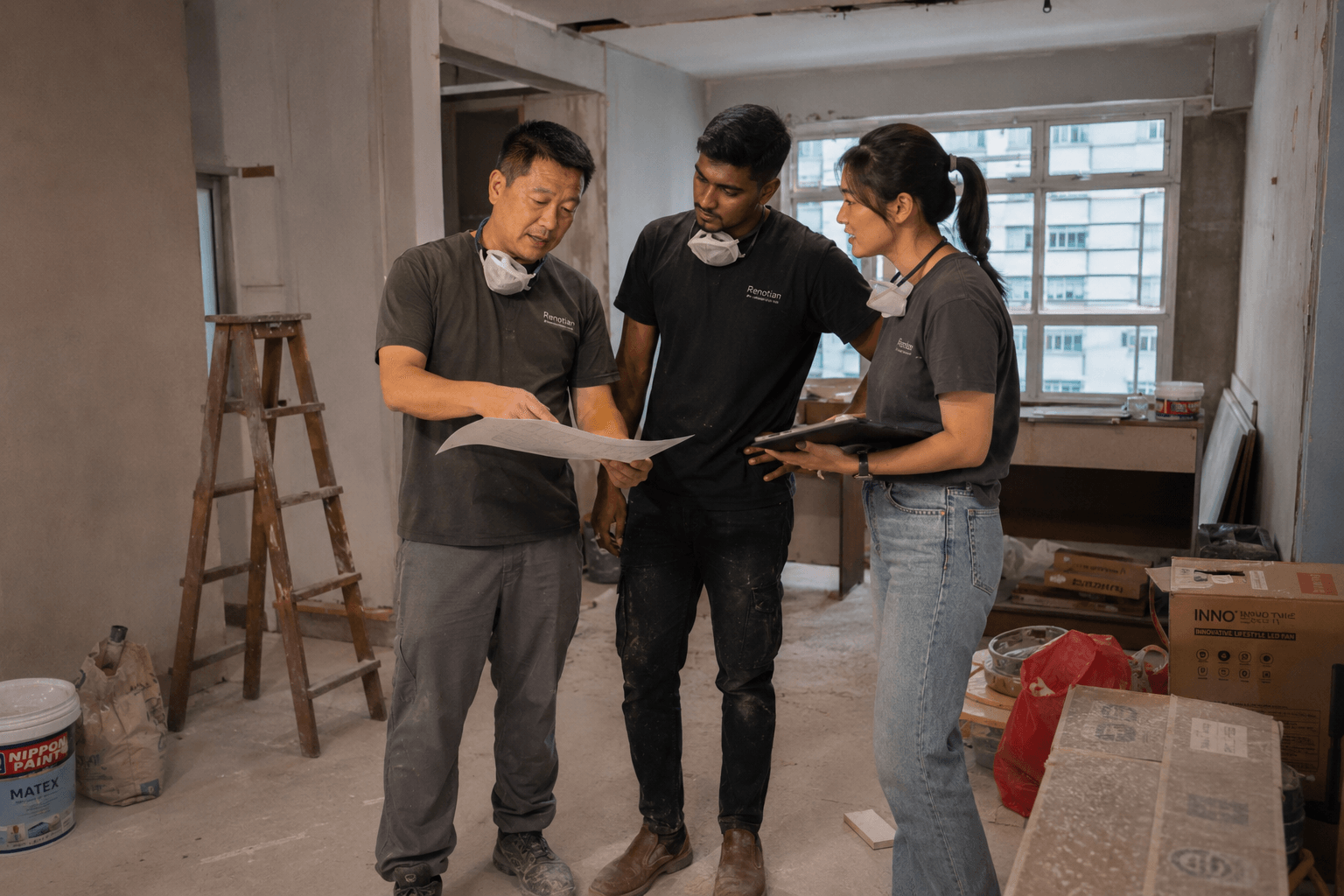 Same unit during site walkthrough. Bare walls, floor plan in hand