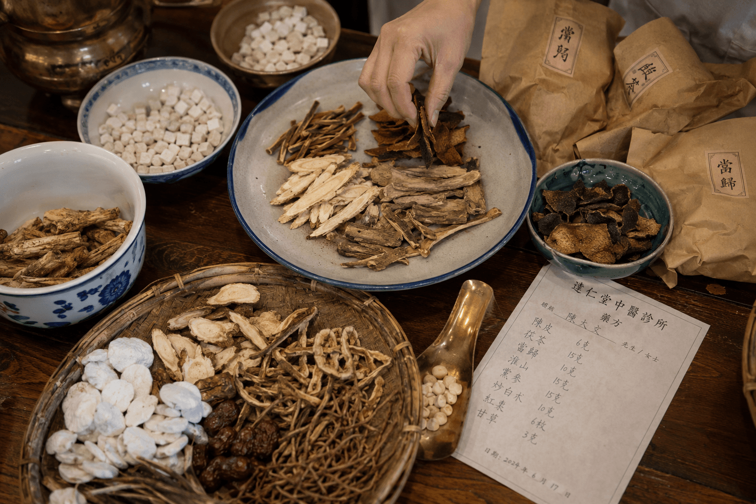 Ceramic bowls with dried roots, bark and tangerine peel