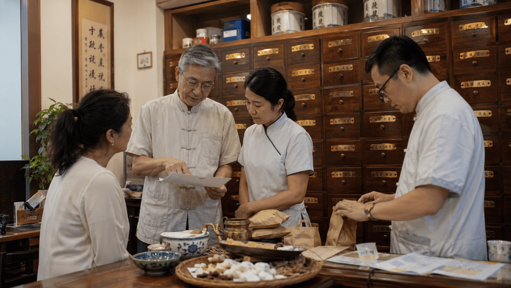 Three generations of practitioners at the apothecary cabinet. Master Tan Boon Hock, his daughter Dr Tan Mei Ling, and grandson Tan Wei Jie.