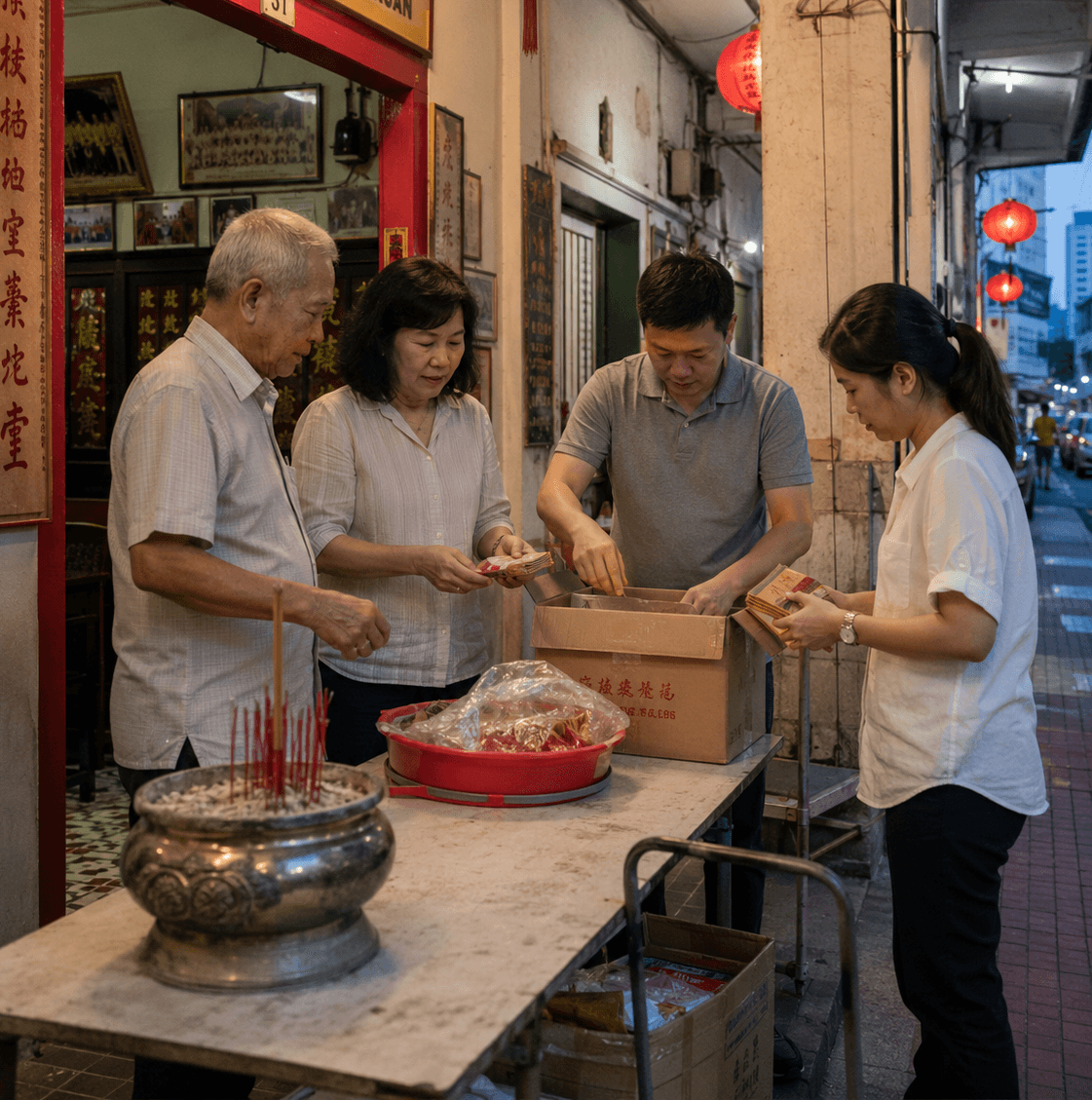 Members preparing the Lunar New Year altar outside the kuan, Marine Parade